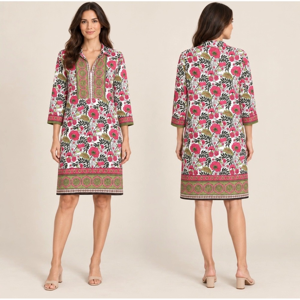 Bella Tu Women's Pink Green Floral Poppy Tunic Shirt Dress XS NWT Resort